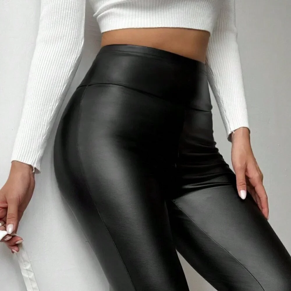 Black Casual Women's Thermal Lined Stretchy Footless faux leather Leggings